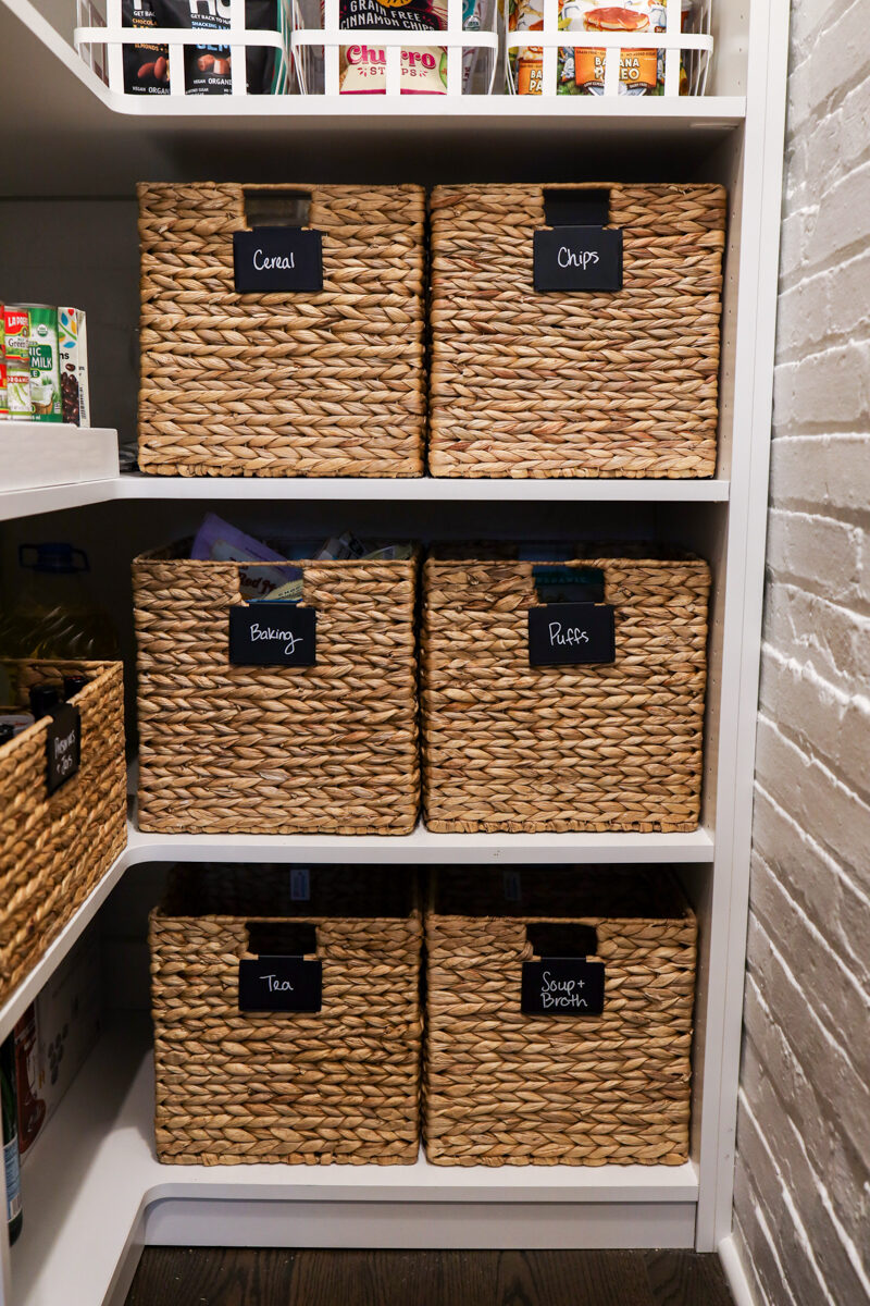 How to Organize a Narrow Staircase Pantry - basket labels