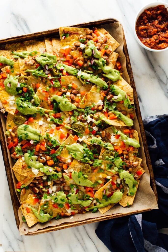 easy dinner recipes - pan of loaded veggie nachos